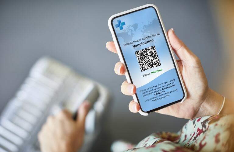 cropped image of woman checking Covid-19 vaccine passport and international certificate of vaccination with QR code on smartphone and holding a suitcase