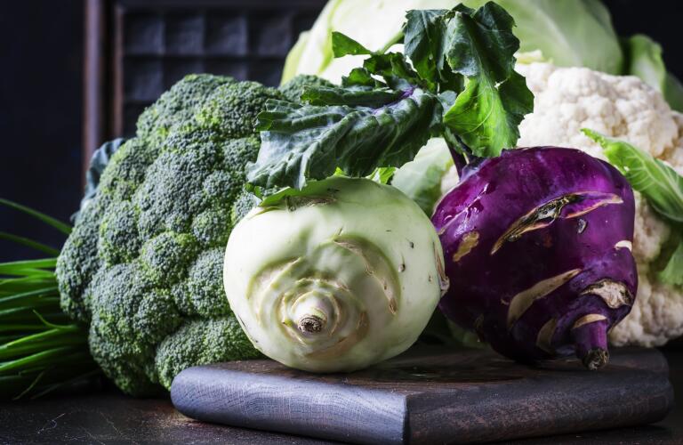 Group of cruciferous vegetables including broccoli, cauliflower and turnips