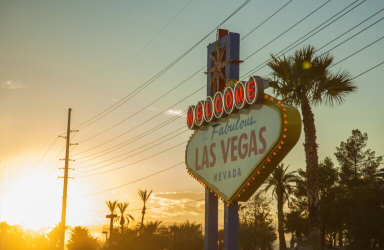 Welcome to Las Vegas sign in front of sunset