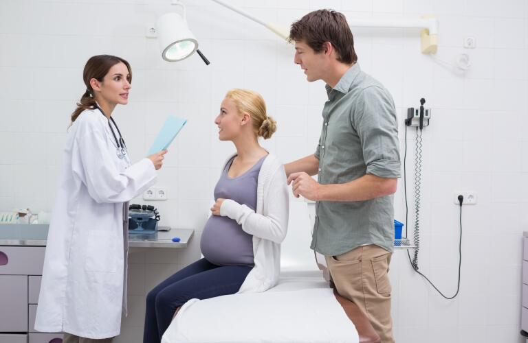 Expectant parents talking to doctor