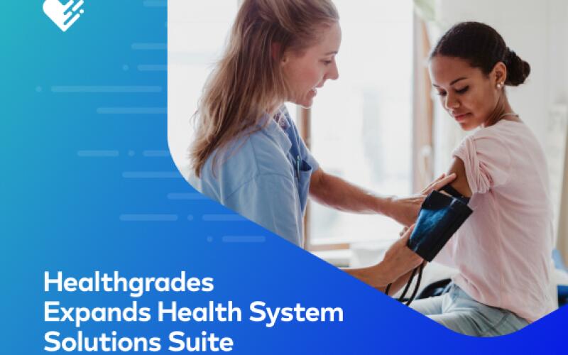 White text against a blue gradient reads "Healthgrades Expands Health System Solutions Suite."