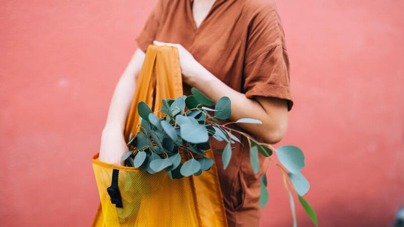 A person holding a bag of eucalyptus leaves