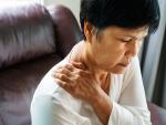 neck and shoulder pain, old woman suffering from neck and shoulder injury, health problem concept