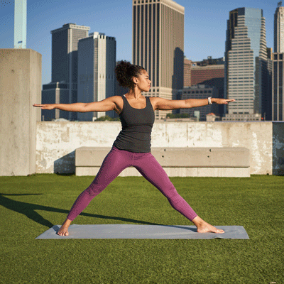 a woman is doing warrior 2 pose