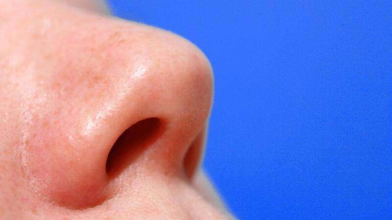An extreme close-up of a person's nose, highlighting their nostrils and septum in front of a plain blue background.