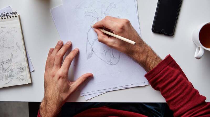 Overhead view of person draw anatomical drawing of heart