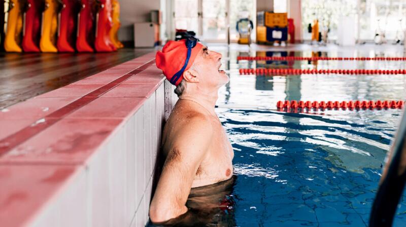A person catching their breath after swimming
