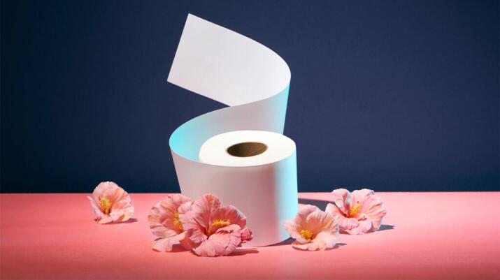 Artistic photo illustration of toilet paper on pink table with flower petals