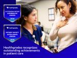 A young woman in scrubs listens to a middle-aged patient in a hospital lobby. Below the photo, white text against a dark blue background reads: "Healthgrades recognizes outstanding achievements in patient care."