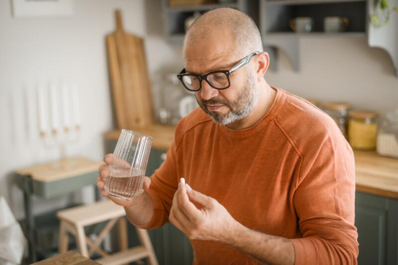 Mature adult man in cozy interior of home kitchen ( taking medication)
