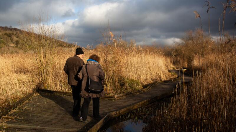 A couple walking on a cloudy day