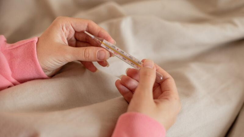 A closeup of a person's hands holding a thermometer