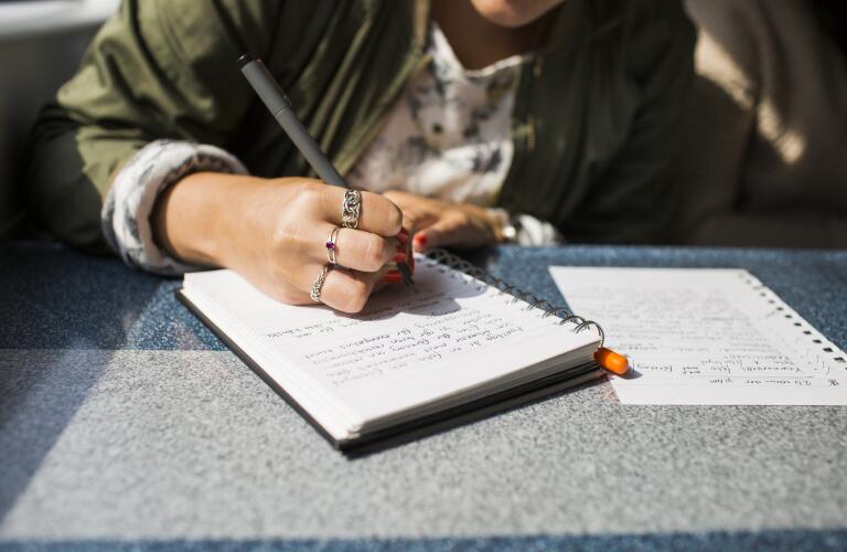 Young woman wearing rings writing in journal on train