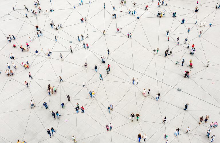 Aerial view of crowd connected by lines