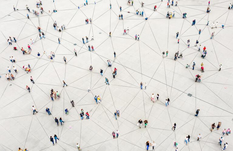 Aerial view of crowd connected by lines