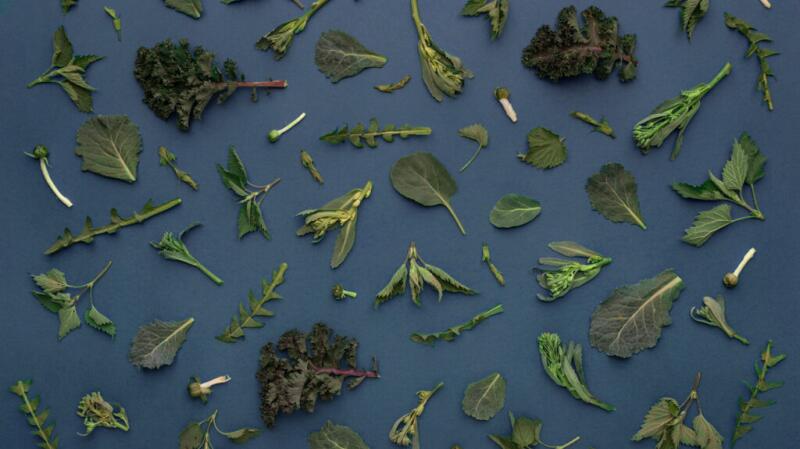 there are different vegetables and salad leaves against a blue background