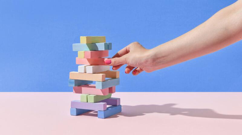 There is a colorful stack of blocks.