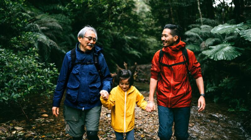 family hiking in woods