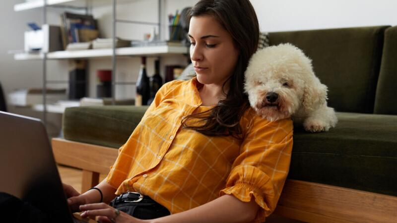 A woman using her laptop with her dog's head on her shoulder